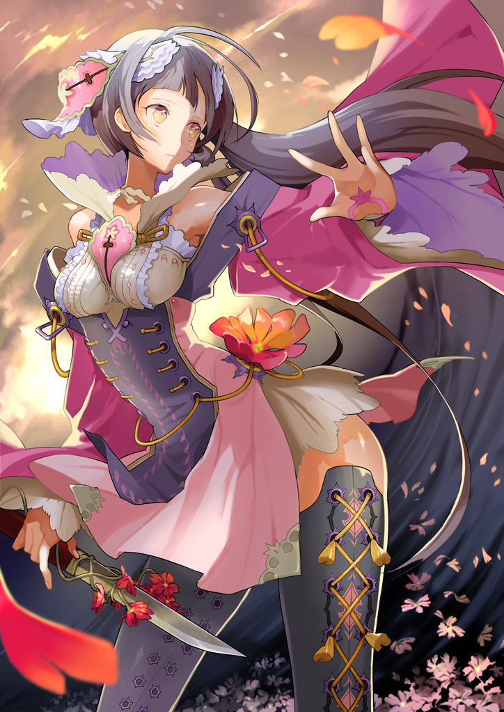 black_hair, black_legwear, breasts, cross-laced_footwear, flower, headdress, japanese_clothes, knife