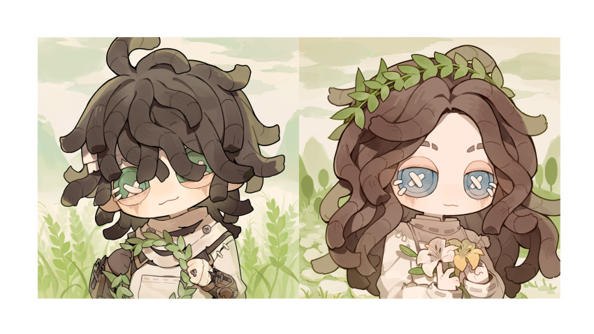 1boy, 1girl, :3, absurdres, ada_mesmer, ahoge, bandages, black_gloves