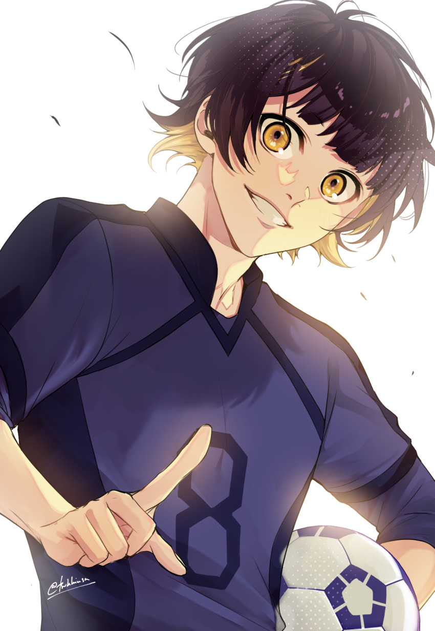 1boy, bachira_meguru, ball, black_hair, blonde_hair, blue_lock, commentary_request, from_below