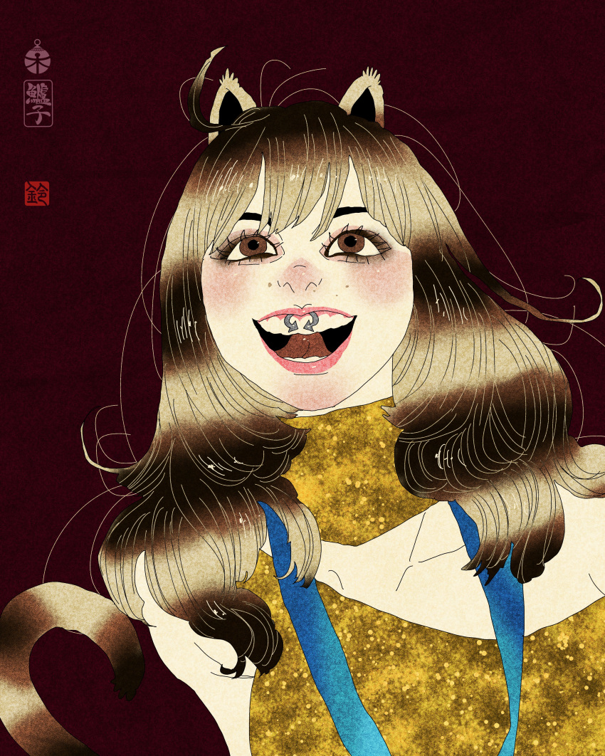 1girl, absurdres, alysa_liu, animal_ears, blush, brown_eyes, cat_ears, cat_tail, dark_background, face_piercing, gold_shirt, highres, lip_piercing, olympics, open_mouth, piercing, portrait, striped_hair, suzuki_seigo, tail