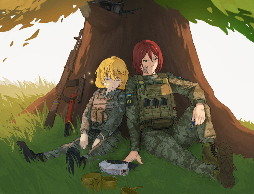 1boy, 1girl, an-94, assault_rifle, bandage_on_cheek, bandage_on_finger, bandaid, black_boots