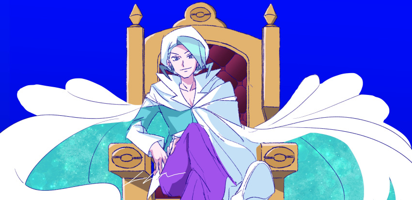 1boy, 6l226, absurdres, blue_background, cape, closed_mouth, collarbone, crossed_legs, green_hair, green_shirt, hat, highres, long_sleeves, looking_at_viewer, male_focus, pants, pokemon, pokemon_rse, purple_pants, shirt, shoes, signature, sitting, smile, solo, throne, wallace_(pokemon), white_cape, white_hat, white_shoes