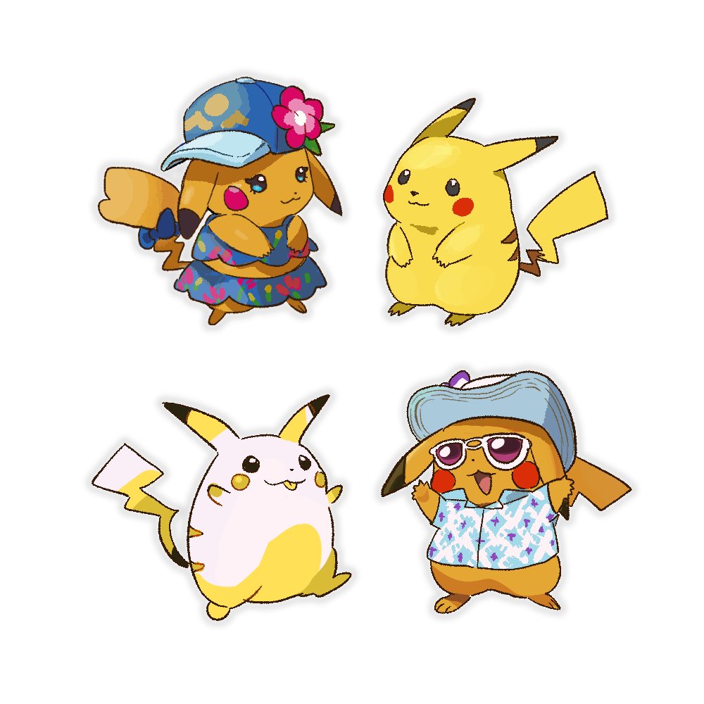blue_hat, closed_mouth, clothed_pokemon, collared_shirt, commentary, fat_pikachu, hat, majyo_(witch_poke)