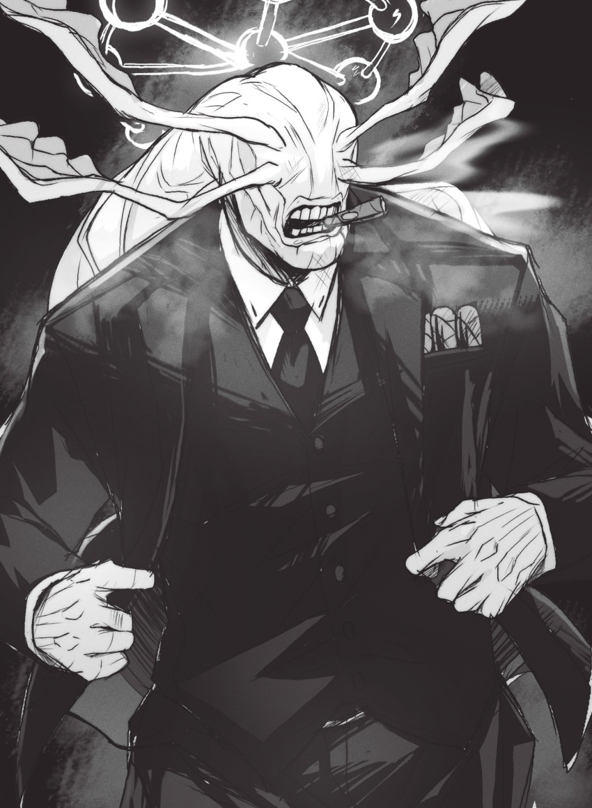 1boy, black_necktie, cigar, colored_skin, eight-handed_wheel, four_eyes, funi_xd, greyscale