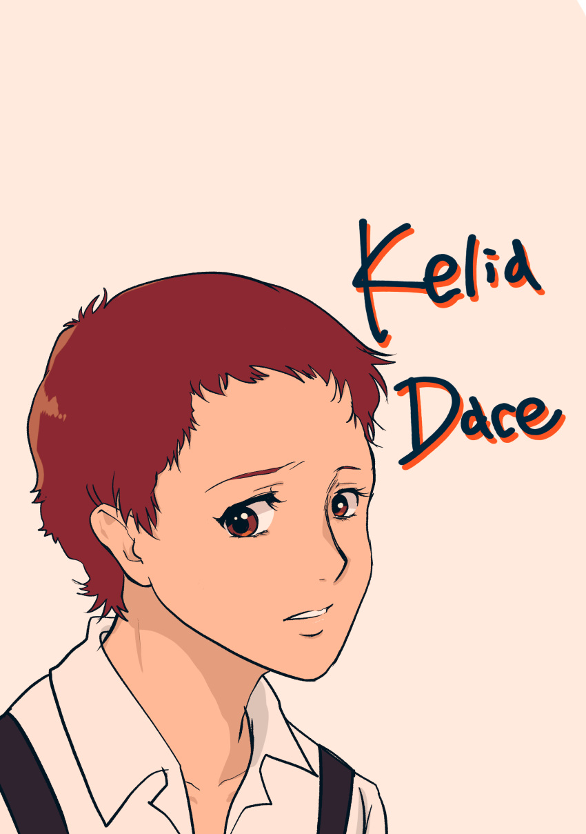 1girl, absurdres, character_name, collarbone, commentary_request, eyelashes, gundam, gundam_hathaway's_flash, highres, kelia_dace, morinaga_takaki, portrait, red_eyes, red_hair, shirt, short_hair, simple_background, solo, suspenders, very_short_hair, white_background, white_shirt