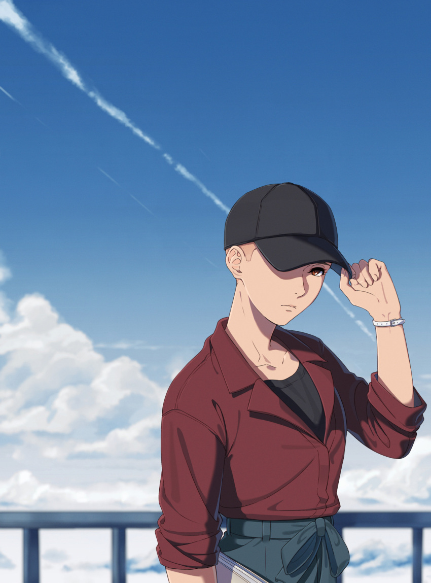1girl, baseball_cap, black_hat, black_shirt, blue_sky, bracelet, closed_mouth, clouds, collarbone, contrail, day, enelous, eyelashes, gundam, gundam_hathaway's_flash, hand_on_headwear, hat, highres, jacket, jewelry, kelia_dace, official_alternate_hair_length, official_alternate_hairstyle, one_eye_covered, orange_eyes, outdoors, railing, red_jacket, shaved_head, shirt, sky, solo, upper_body