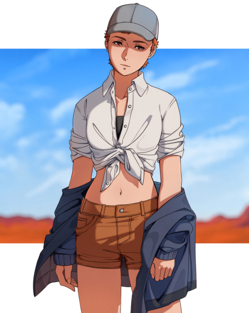 1girl, baseball_cap, blue_jacket, blue_sky, blurry, blurry_background, brown_shorts, closed_mouth, clouds, cowboy_shot, day, enelous, eyelashes, fingernails, front-tie_top, grey_hair, gundam, gundam_hathaway's_flash, hat, jacket, kelia_dace, midriff, navel, off_shoulder, orange_eyes, orange_hair, outdoors, short_hair, shorts, sky, solo, very_short_hair