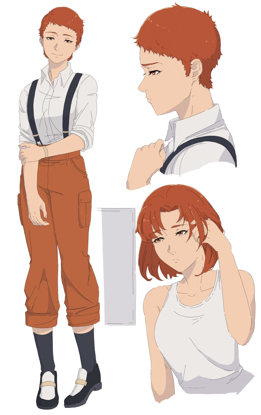 1girl, black_shoes, black_socks, breasts, closed_mouth, collared_shirt, commentary, cropped_torso