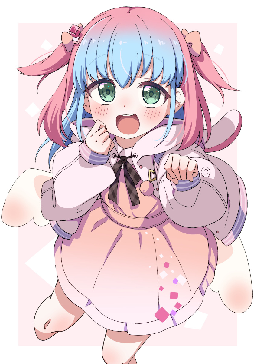 1girl, :d, absurdres, black_bow, black_bowtie, blue_hair, blush, bow, bowtie, character_request, commentary_request, commission, copyright_request, cropped_legs, dot_nose, dress, gradient_hair, green_eyes, hair_bow, hands_up, highres, hood, hood_down, hoodie, iyokan_momiji, long_sleeves, looking_at_viewer, multicolored_hair, open_clothes, open_hoodie, open_mouth, pink_bow, pink_dress, pink_hair, simple_background, skeb_commission, smile, solo, standing, two-tone_hair, two_side_up, white_background, white_hoodie