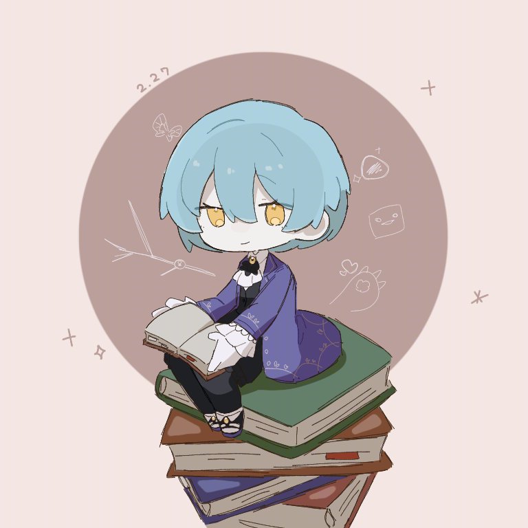 1girl, 890_si1kworm, angela_(project_moon), black_pants, blue_coat, blue_hair, book, book_stack