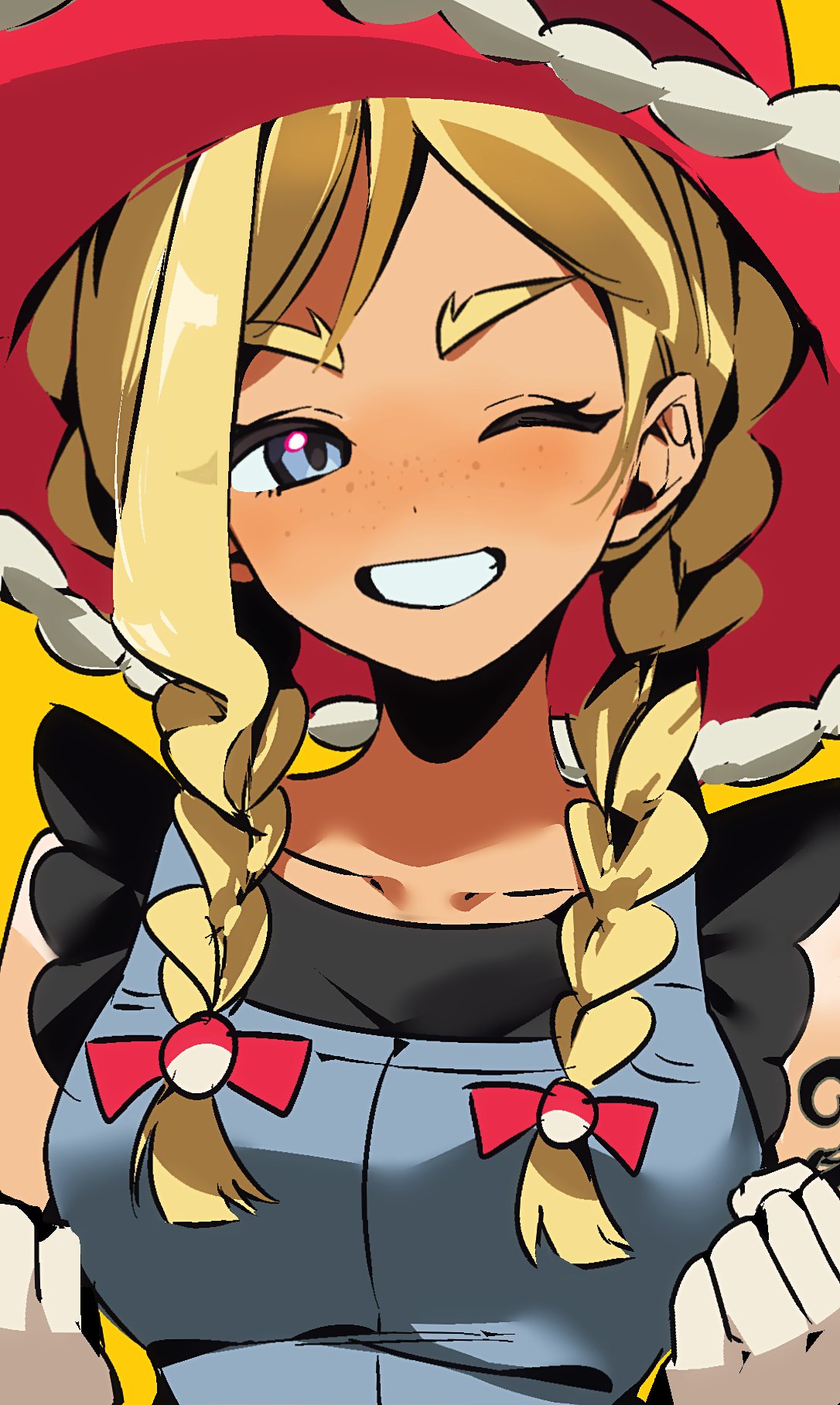 1girl, blonde_hair, blue_eyes, braid, breasts, commentary_request, cowboy_hat, ebi_(shrimp_eleven)
