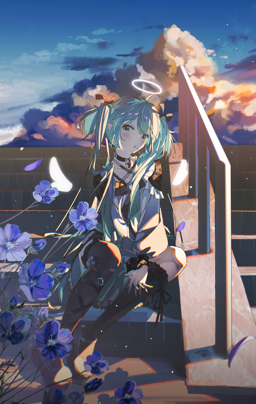 1girl, absurdres, ahoge, alternate_costume, aqua_eyes, asymmetrical_legwear, bell, belt