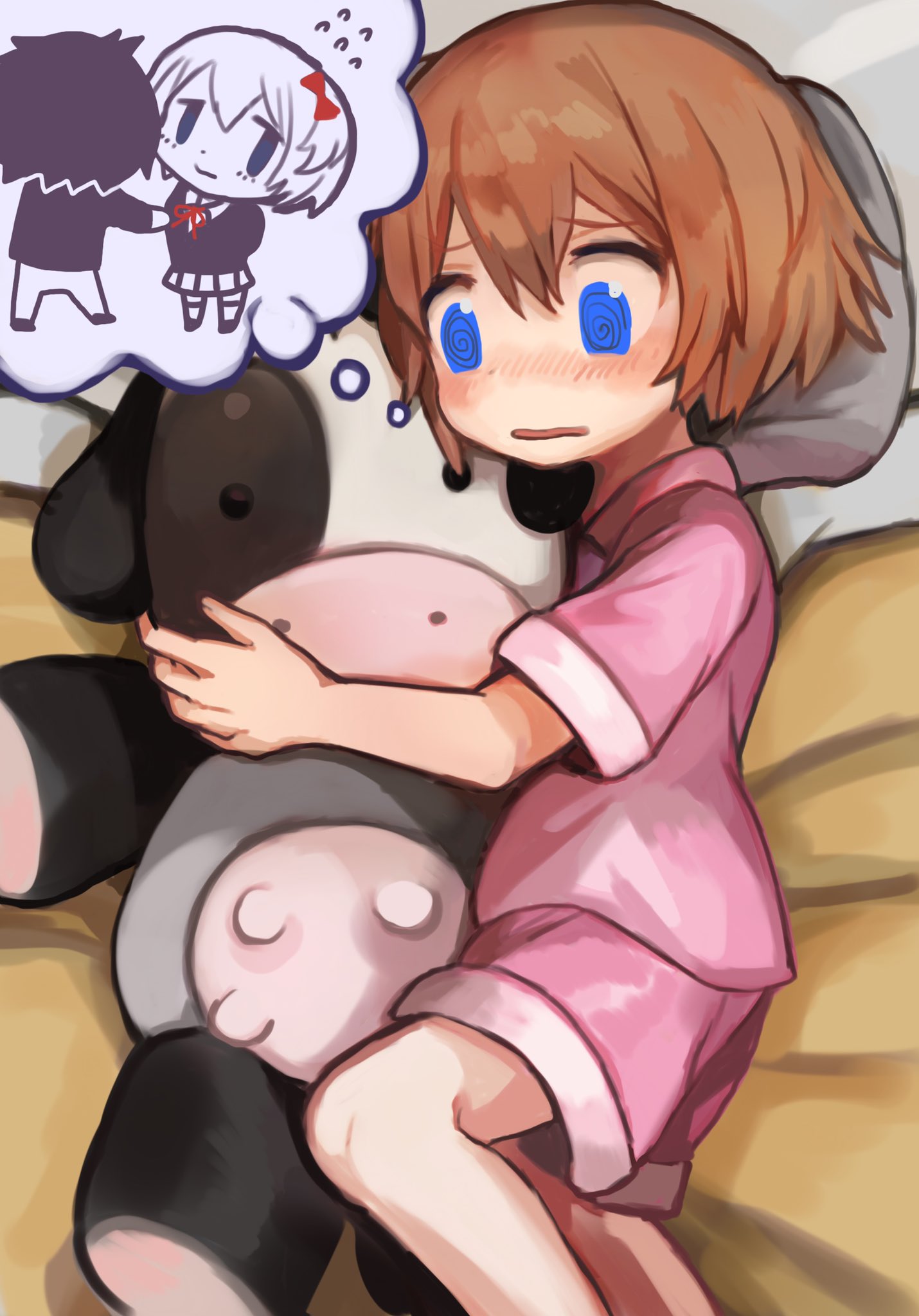 alternate_costume, blue_eyes, blush, commentary_request, cow, dido_(di_do_di_do), doki_doki_literature_club, hetero, highres, hugging_object, missing_headwear, on_bed, pajamas, pink_pajamas, protagonist_(doki_doki_literature_club), sayori_(doki_doki_literature_club), speech_bubble, stuffed_animal, stuffed_toy, thought_bubble