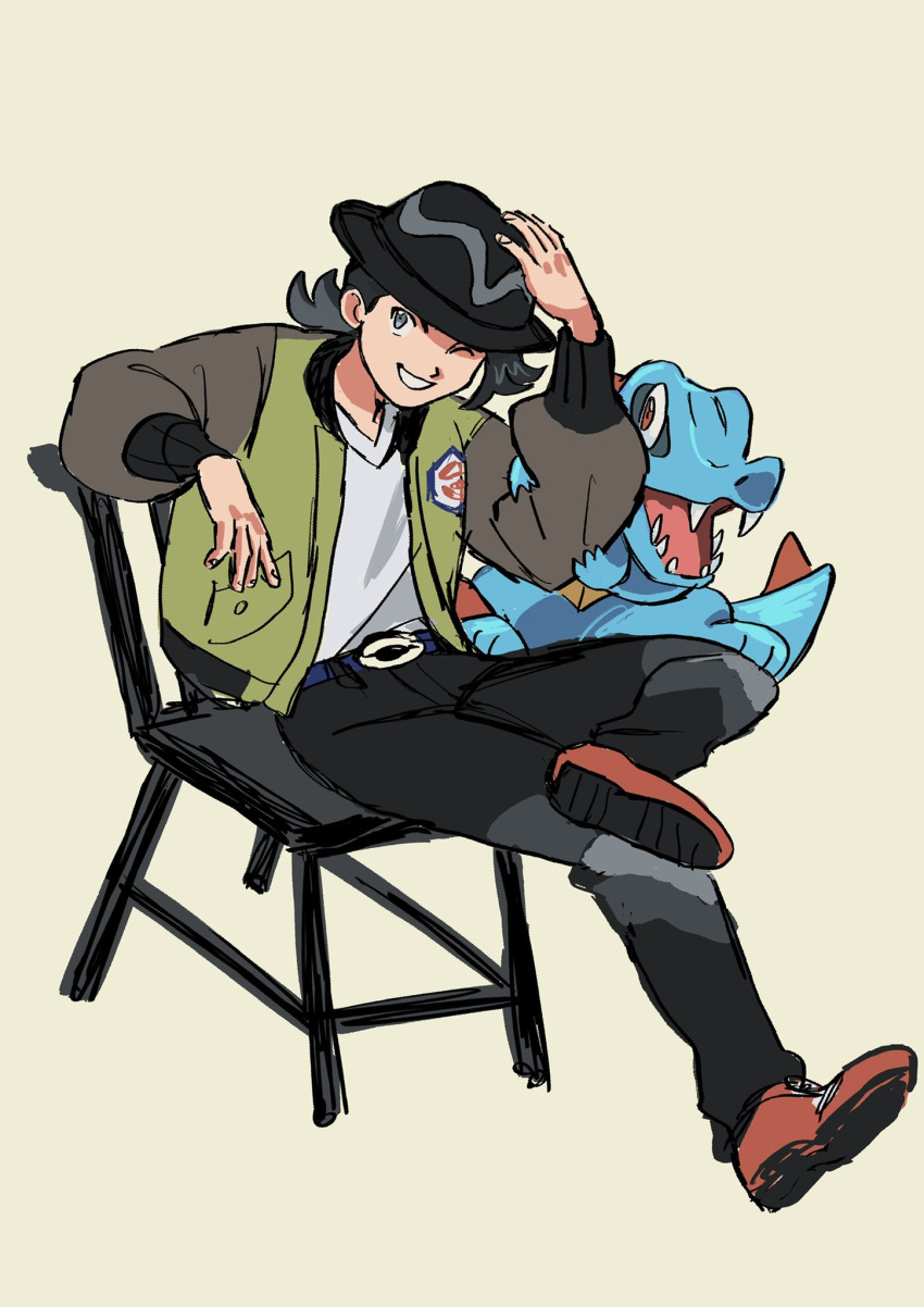 1boy, black_hair, chair, crocodile, crocodilian, green_jacket, grey_eyes, highres, jacket, on_chair, pants, paxton_(pokemon), pokemon, pokemon_(creature), pokemon_legends:_z-a, red_shoes, rikoicoico, shoes, totodile, trilby