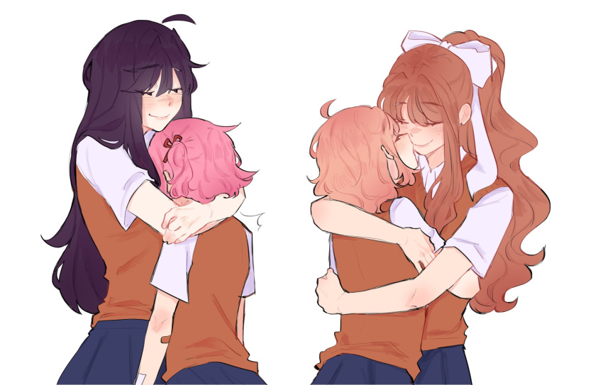4girls, black_hair, blue_skirt, bow, brown_hair, brown_sweater_vest, closed_eyes, collared_shirt, commentary, doki_doki_literature_club, hair_bow, hashtag-only_commentary, high_ponytail, highres, hug, long_hair, monika_(doki_doki_literature_club), multiple_girls, natsuki_(doki_doki_literature_club), pink_hair, pockiseisont, ponytail, sayori_(doki_doki_literature_club), shirt, short_hair, skirt, sweater_vest, white_bow, white_shirt, yuri_(doki_doki_literature_club)