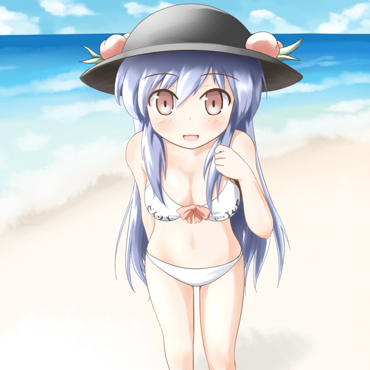 bad_id, bikini, blue_hair, blush, breasts, cleavage, food, fruit