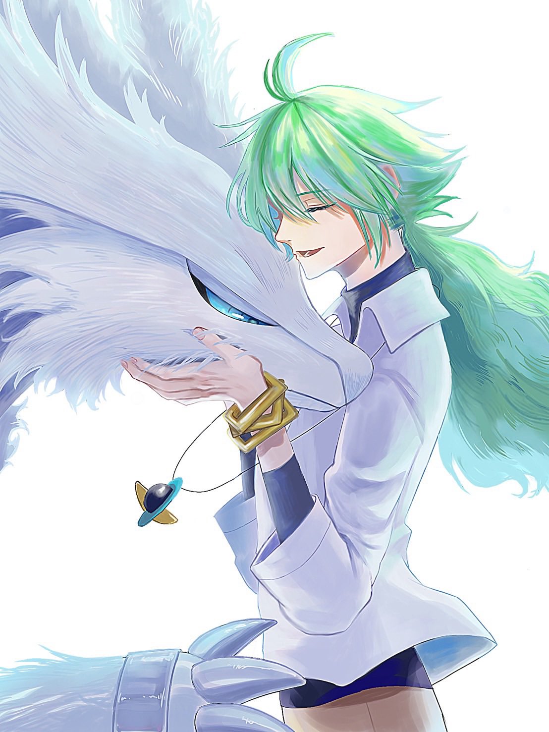 1boy, arms_up, black_shirt, blue_eyes, bracelet, brown_pants, closed_eyes, collared_shirt, commentary_request, from_side, green_hair, highres, jewelry, layered_sleeves, long_hair, long_sleeves, male_focus, n_(pokemon), necklace, open_mouth, pants, pokemon, pokemon_(creature), pokemon_bw, ponytail, reshiram, sheimi_(u_gros), shirt, short_over_long_sleeves, short_sleeves, simple_background, smile, white_background, white_shirt, wing_collar