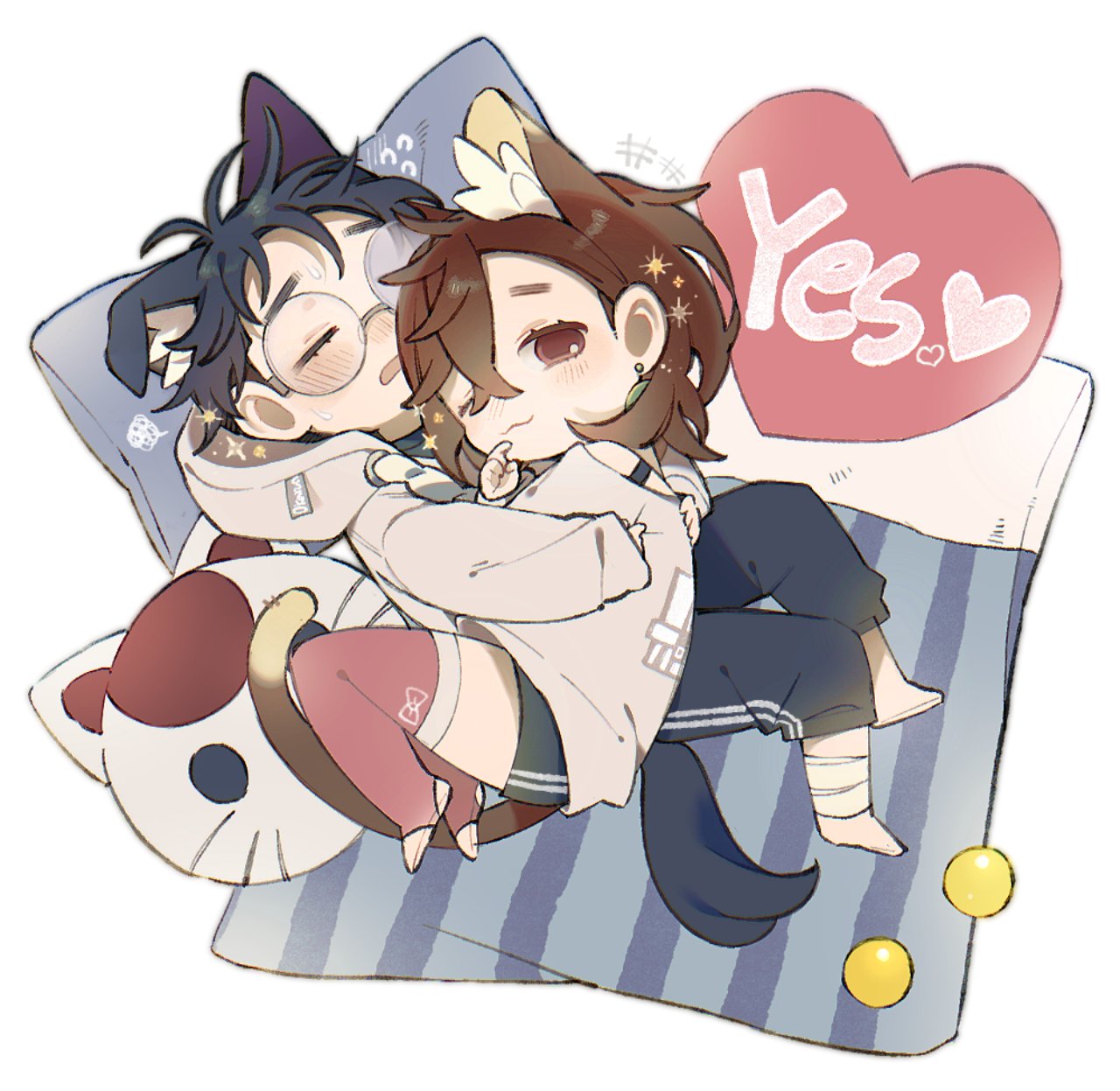 +++, 1boy, 1girl, ;3, animal_ears, ayase_momo, ball, bare_shoulders