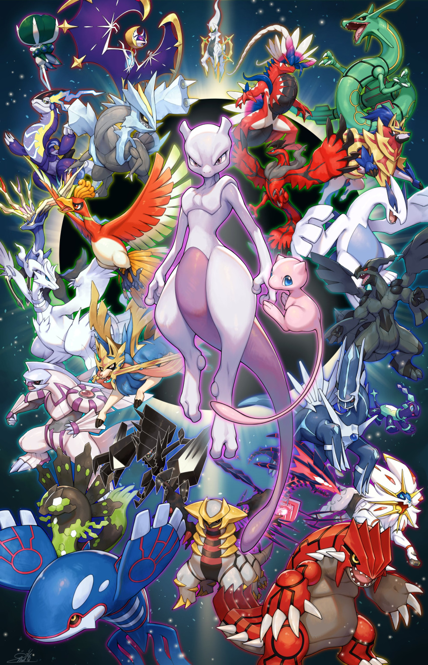 absurdres, antlers, arceus, bird, black_sclera, blue_eyes, calyrex, claws