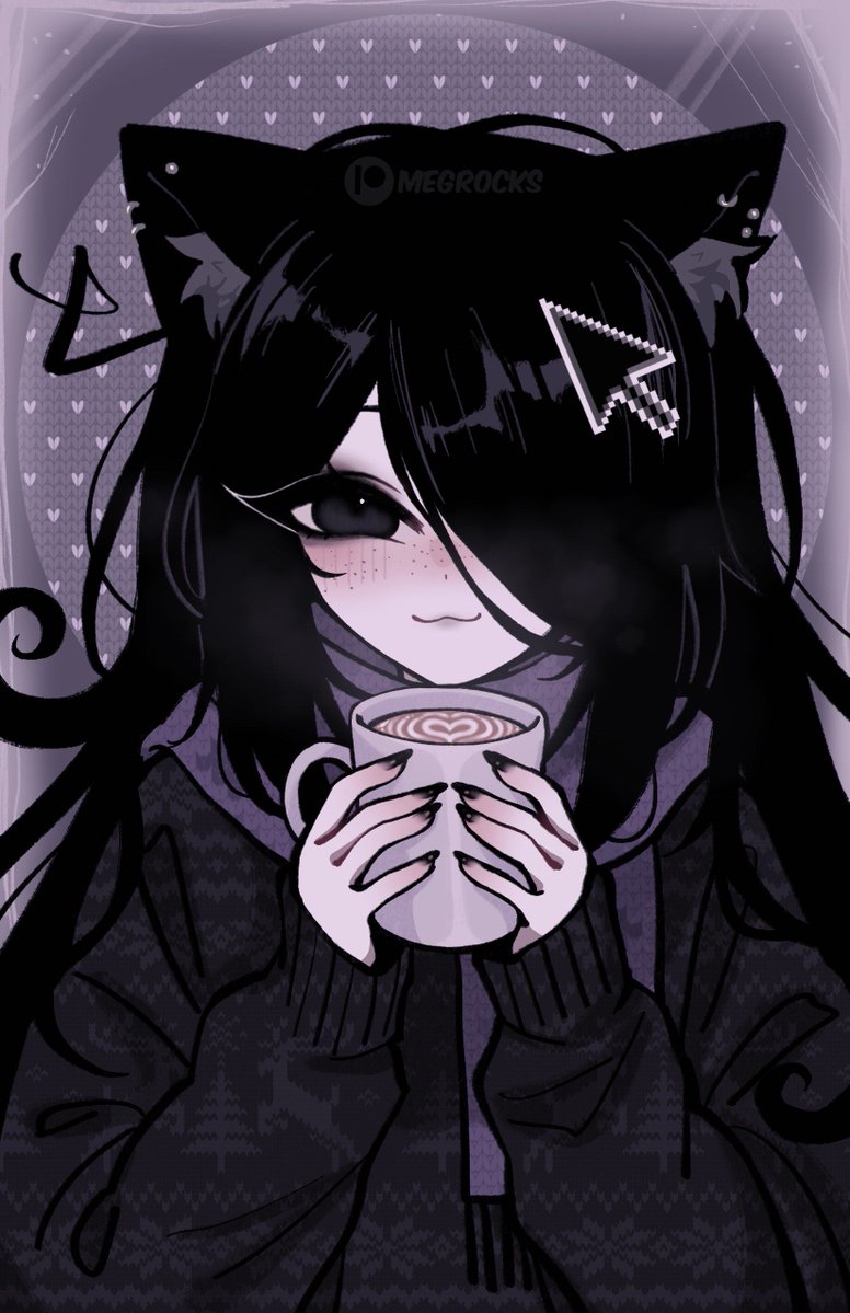 1girl, animal_ear_fluff, animal_ears, black_eyes, black_hair, black_nails, black_sweater, blush, cat_ears, cat_girl, cat_tail, christmas_sweater, closed_mouth, commentary, cup, cursor_hair_ornament, english_commentary, fingernails, freckles, hair_ornament, hair_over_one_eye, heart, holding, holding_cup, kemonomimi_mode, latte_art, long_hair, long_sleeves, looking_at_viewer, megrocks, mug, nail_polish, one_eye_covered, original, parted_bangs, smile, solo, sweater, tail, upper_body