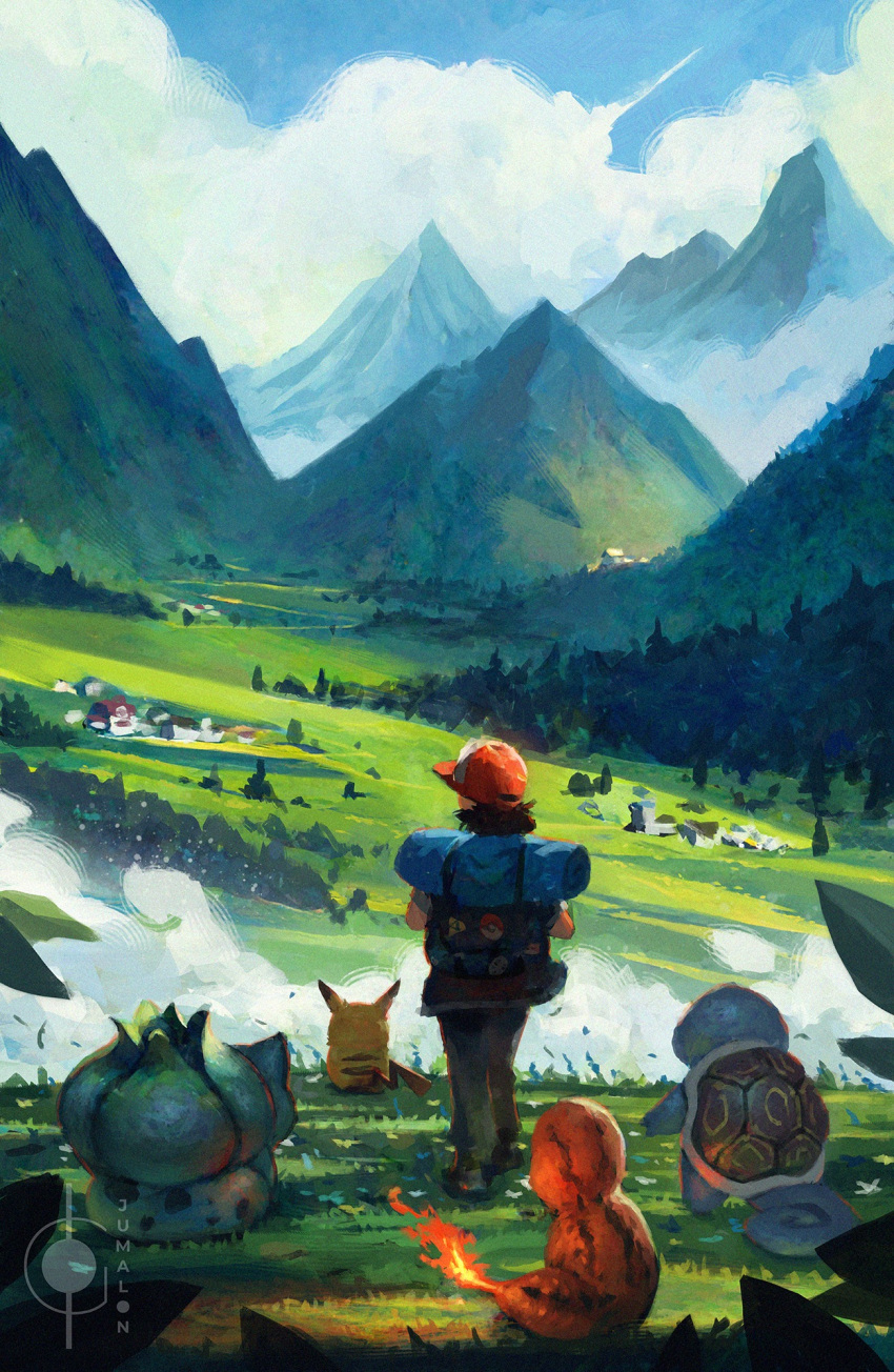 1boy, artist_logo, backpack, bag, baseball_cap, bulbasaur, charmander, clouds