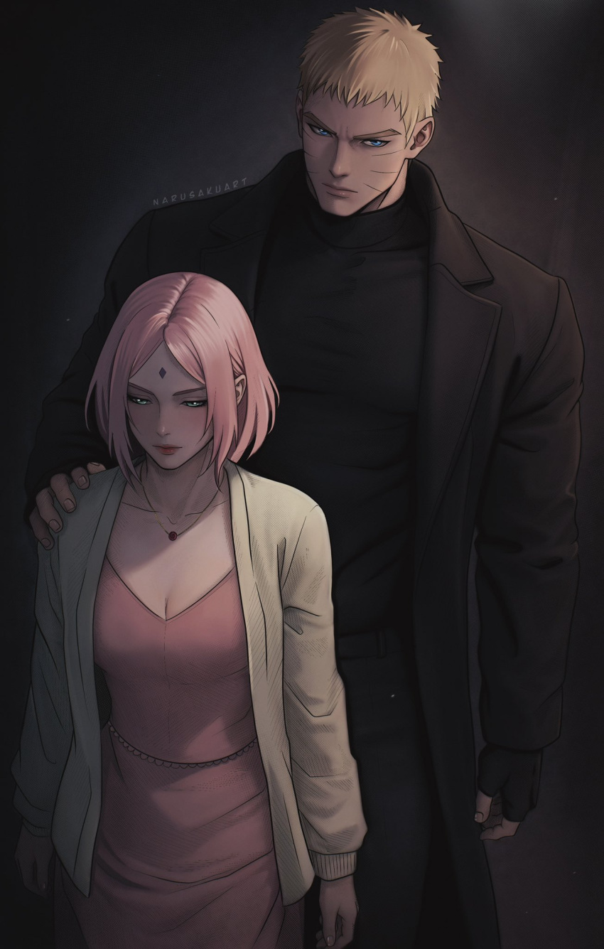 1boy, 1girl, artist_name, black_coat, blonde_hair, blue_eyes, blush, coat, couple, dress, haruno_sakura, highres, narusakuart1, naruto_(series), pink_dress, signature, tall_male, uzumaki_naruto