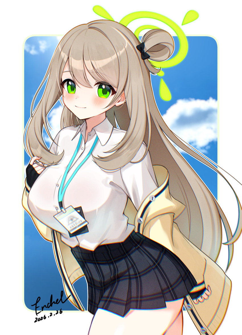 1girl, artist_name, black_bow, black_gloves, black_skirt, blonde_hair, blue_archive, blue_sky