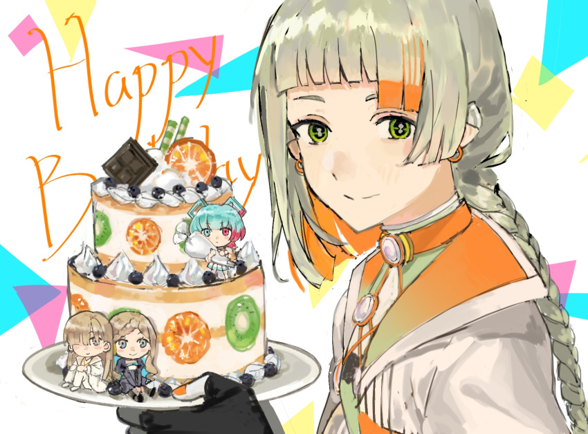 4girls, aisuu_(voisona), asymmetrical_bangs, black_gloves, blunt_bangs, braid, braided_ponytail, cake