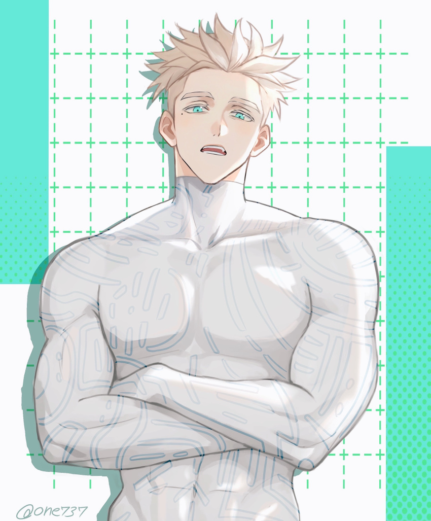 2boys, absurdres, aqua_eyes, asymmetrical_hair, blonde_hair, bodysuit, colored_eyebrows, colored_eyelashes