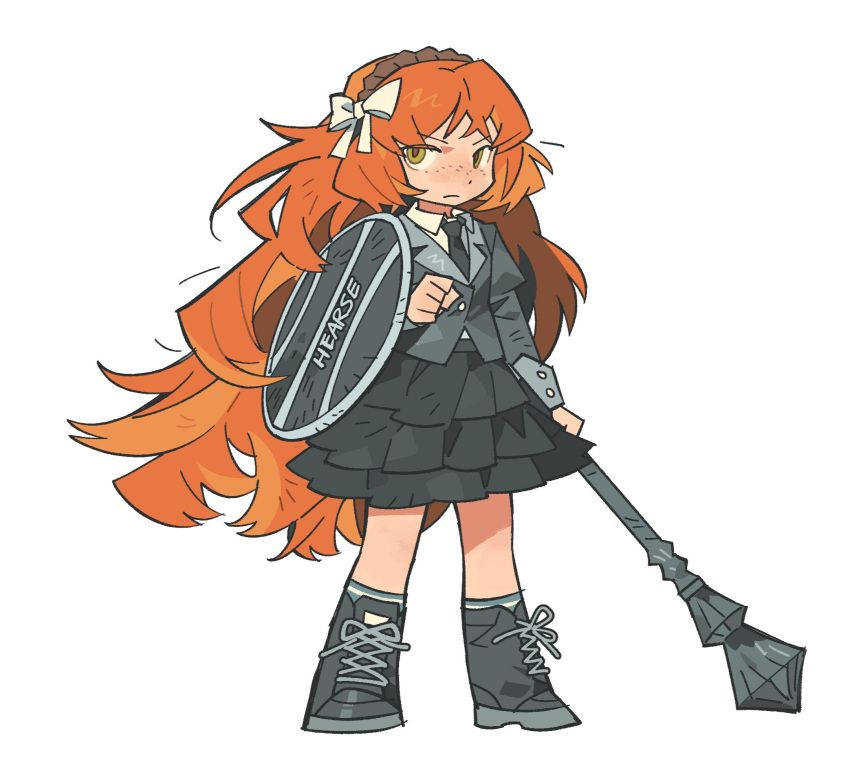 1girl, arm_shield, black_boots, black_necktie, black_skirt, boots, closed_mouth, collared_shirt, deformed, frilled_skirt, frills, full_body, hashtag-only_commentary, highres, holding, holding_mace, holding_weapon, ishmael_(project_moon), kgdjeisk, limbus_company, long_hair, mace, necktie, orange_hair, pleated_skirt, project_moon, shirt, sidelocks, skirt, solo, very_long_hair, weapon, white_shirt