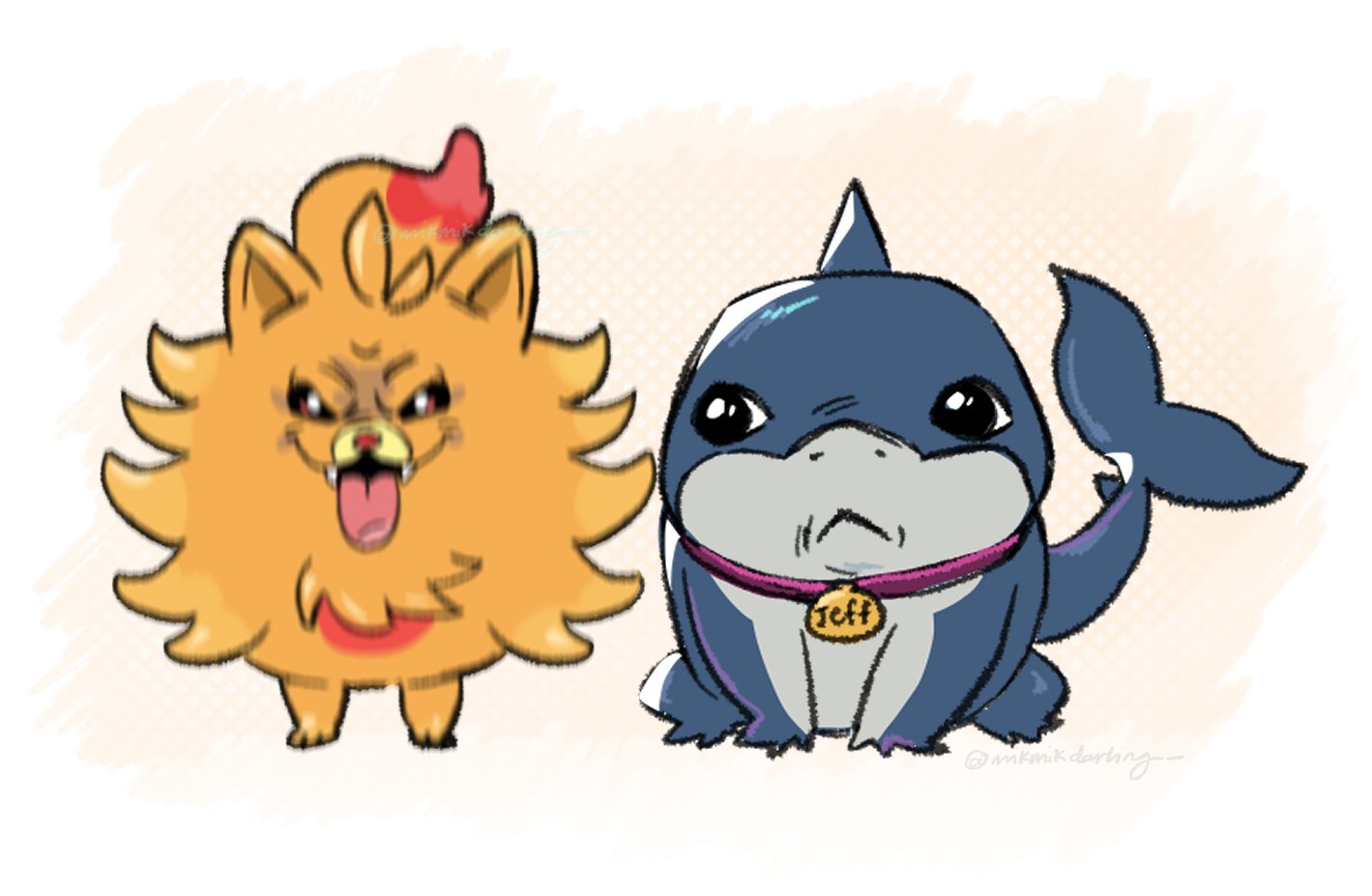 character_name, collar, darlingdct3, english_commentary, fangs, fins, fish_tail, jeff_the_land_shark, looking_at_another, looking_at_viewer, marvel, marvel_rivals, name_tag, orange_fur, pokemon, pokemon_(creature), pombon, shark, shark_fin, shark_tail, tail, tongue, tongue_out