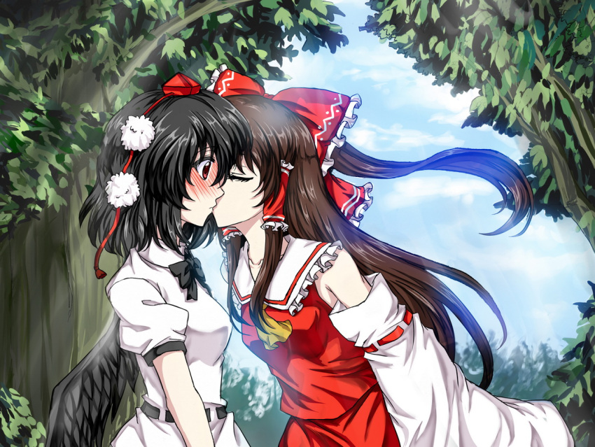 ascot, black_hair, blush, bow, bowtie, brown_hair, bust, closed_eyes, detached_sleeves, dress_shirt, eyes_closed, hair_bow, hair_tubes, hakurei_reimu, hat, kiss, kusumo_(kungsu2), love, miko, multiple_girls, ponytail, red_eyes, shameimaru_aya, shirt, surprise, surprised, tokin_hat, touhou, tree, wings, yuri