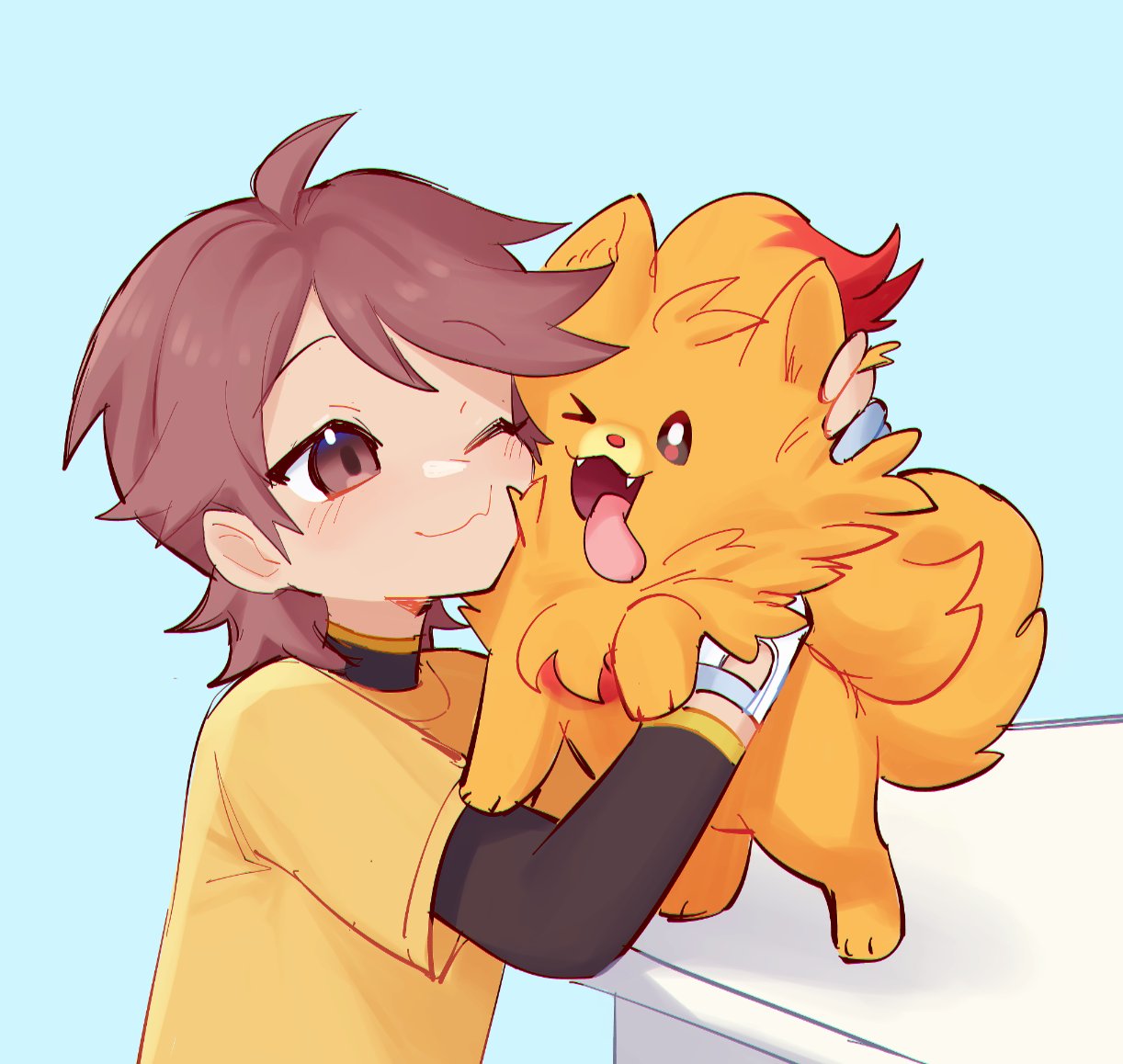 1boy, animal, brown_hair, character_request, colored_tips, dog, english_commentary, fangs