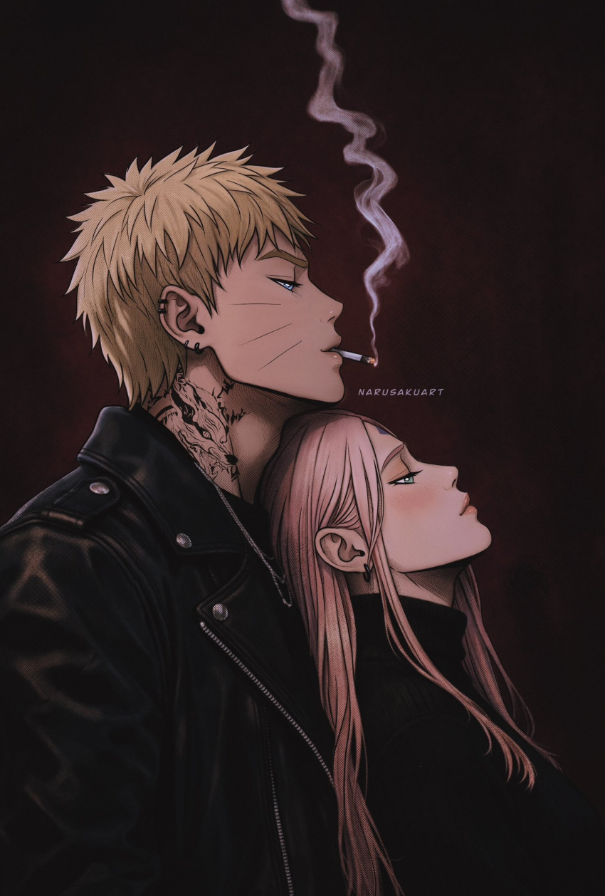 1boy, 1girl, blonde_hair, blue_eyes, cigarette, commentary, facial_mark, green_eyes, haruno_sakura, highres, jacket, leather, leather_jacket, long_hair, narusakuart1, naruto_(series), neck_tattoo, pink_hair, smoking, tall_male, tattoo, untranslatable_commentary, uzumaki_naruto, whisker_markings