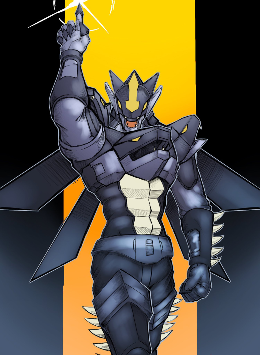 1boy, arm_up, armor, black_armor, black_helmet, cowboy_shot, duel_monster, helmet, highres, kamen_rider, kamen_rider_kabuto_(series), masked_hero_dark_law, moltengates, solo, yellow_background, yu-gi-oh!