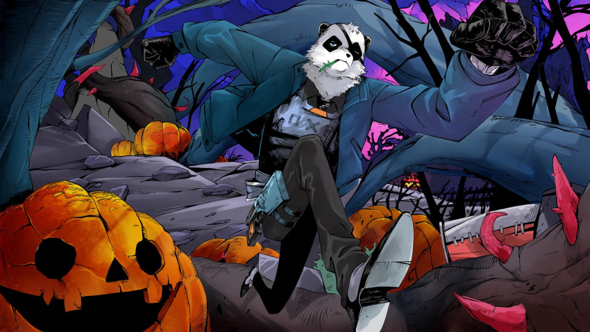 1boy, agent_patch_(fortnite), animal_ears, black_fur, blue_coat, bulletproof_vest, coat, english_commentary, fortnite, furry, furry_male, highres, jack-o'-lantern, layanix115, male_focus, mouth_hold, panda_boy, panda_ears, pumpkin, running, stalk_in_mouth, white_fur