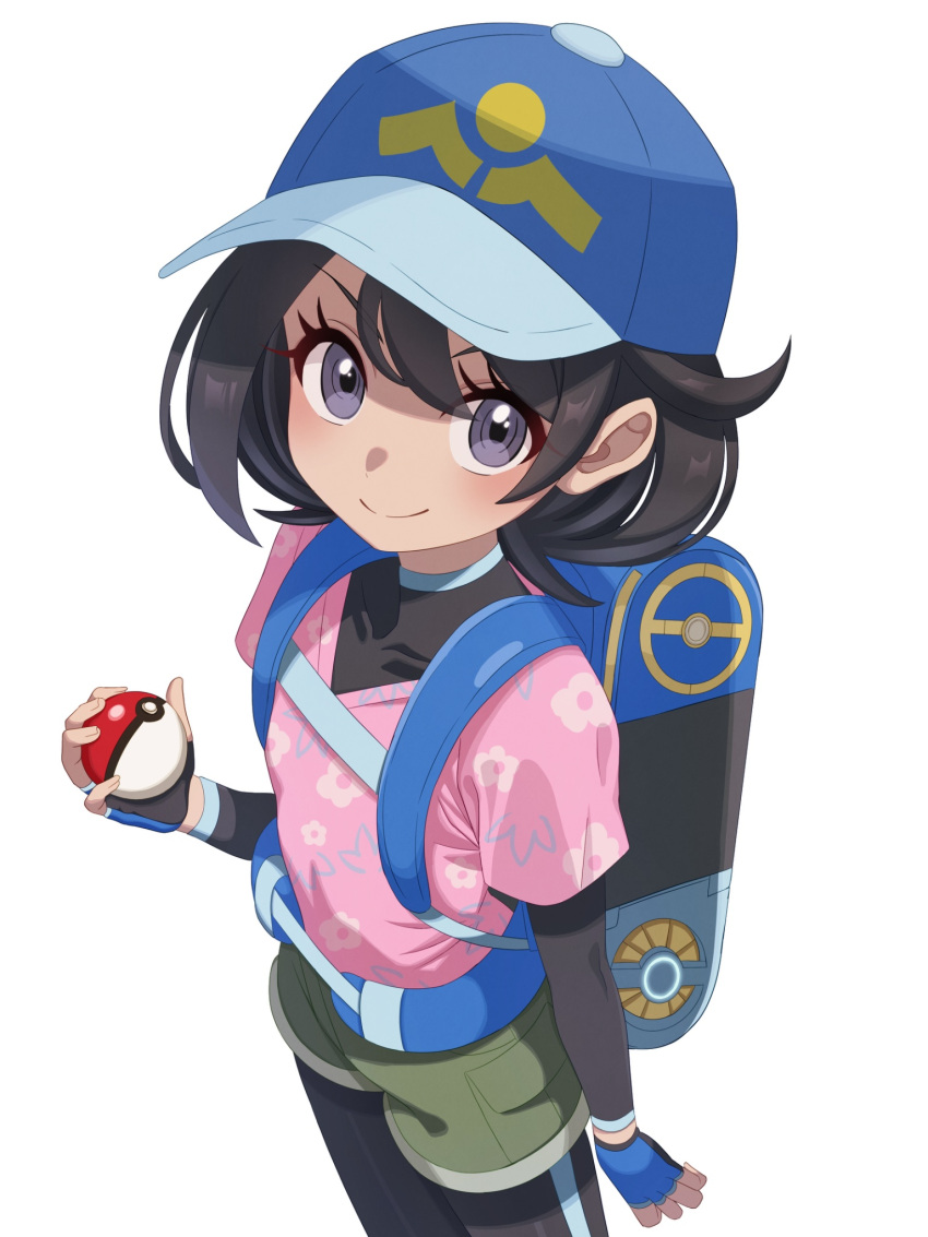 1girl, backpack, bag, black_bodysuit, black_hair, blue_bag, blue_eyes, blue_hat