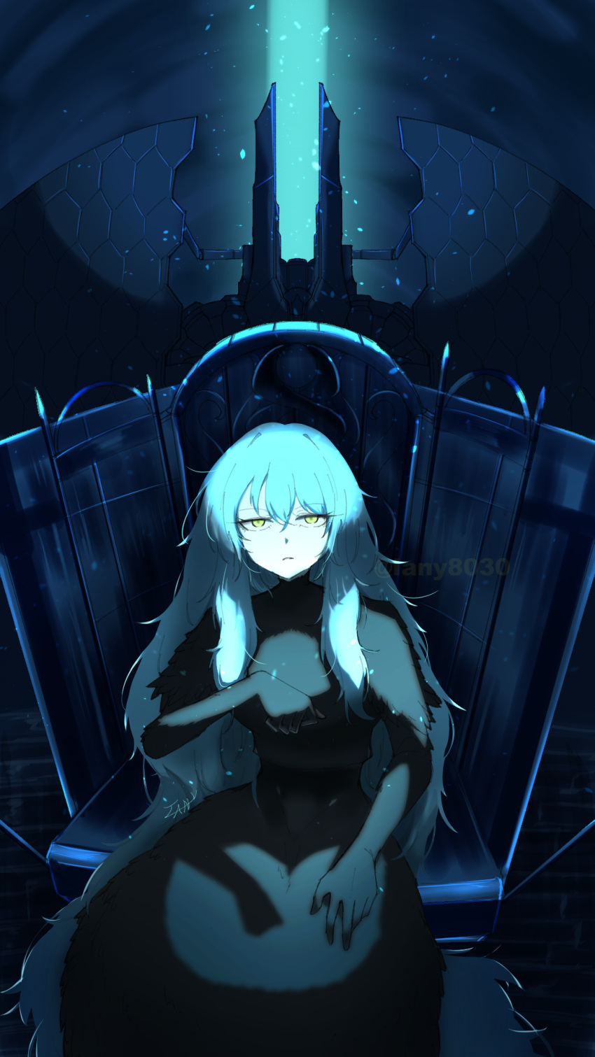 1girl, absurdly_long_hair, angela_(project_moon), black_dress, blue_hair, dress, english_commentary, highres