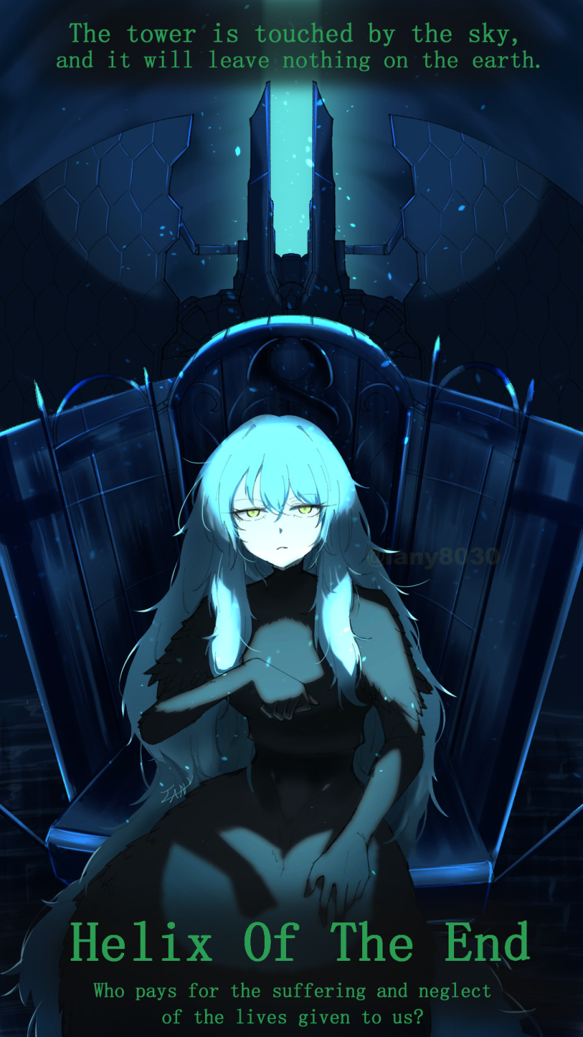 1girl, absurdly_long_hair, angela_(project_moon), black_dress, blue_hair, dress, english_commentary, highres
