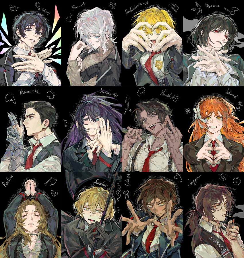 6+boys, 6+girls, absurdres, baihuahua5441, black_gloves, black_hair, black_vest, blonde_hair