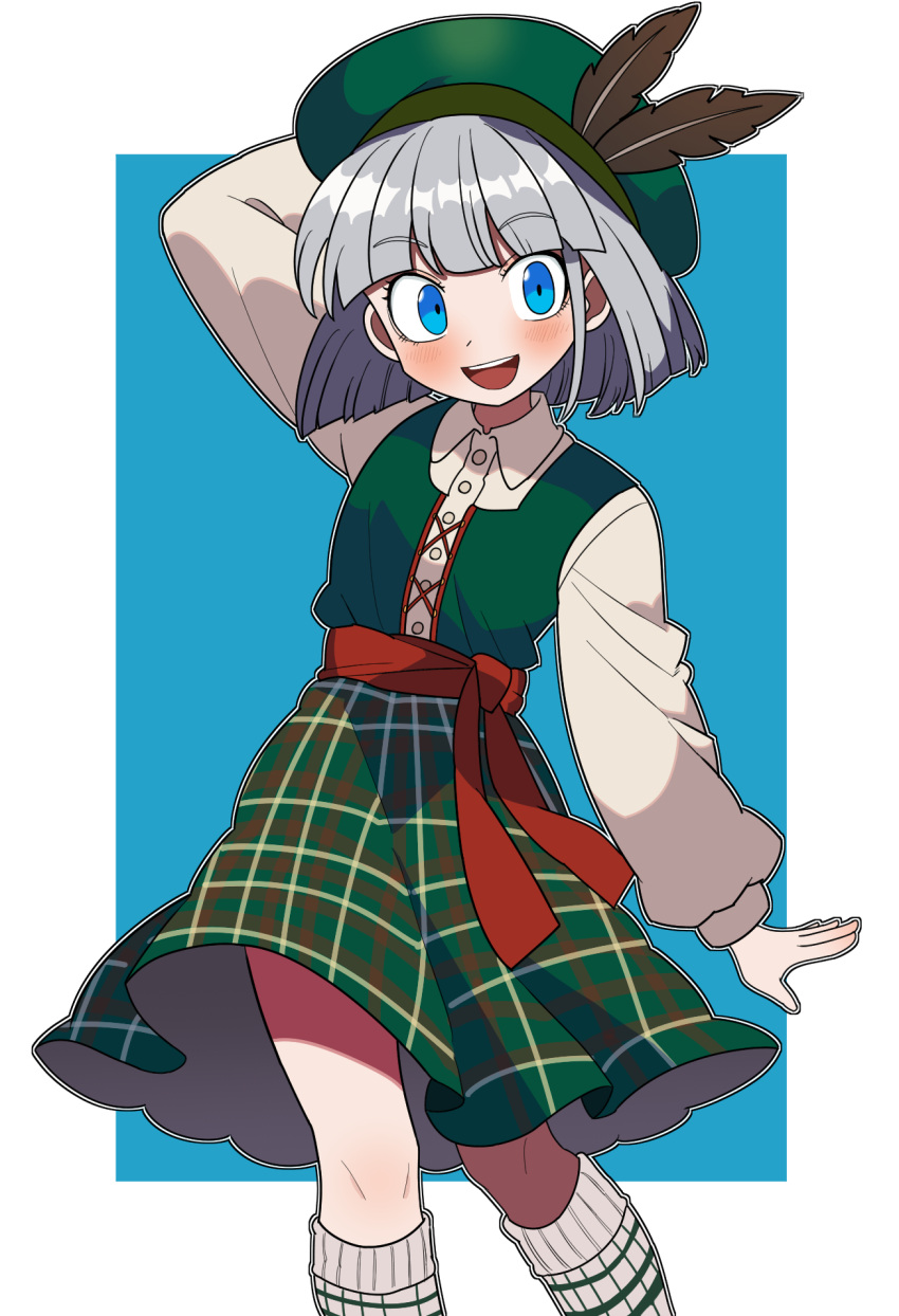 1girl, :d, alternate_costume, arm_up, blue_background, blue_eyes, blush, bollzzalguy