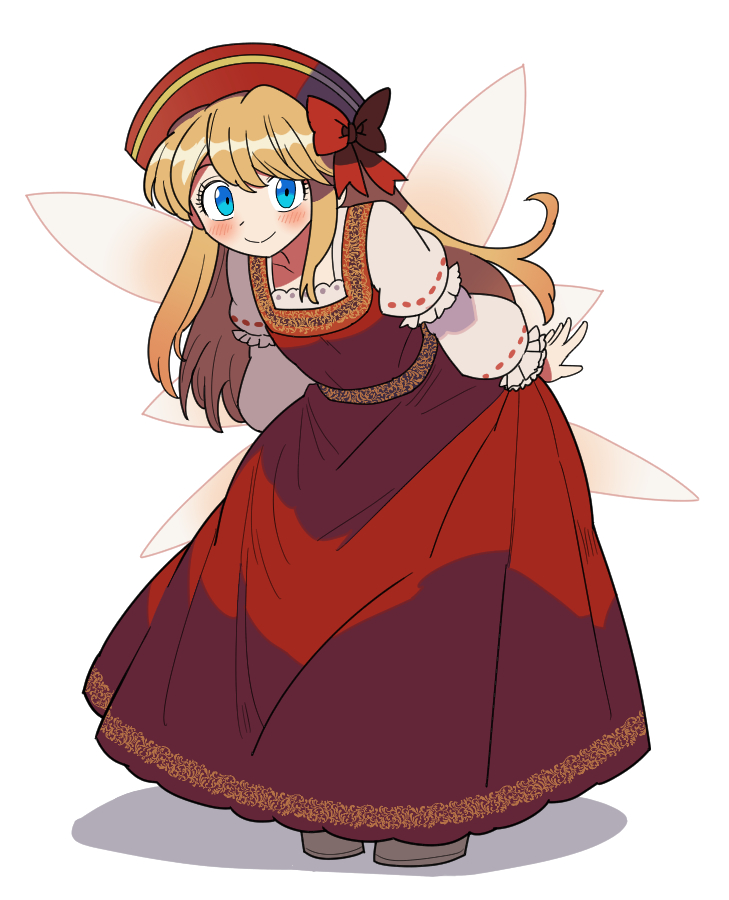 1girl, alternate_costume, blonde_hair, blue_eyes, blush, bollzzalguy, bow, breasts