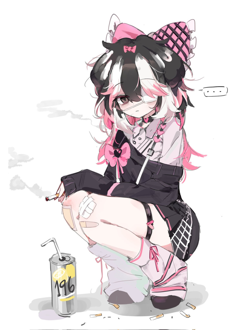..., 1girl, a73398190, bandaged_knees, black_hair, brown_eyes, can, cigarette