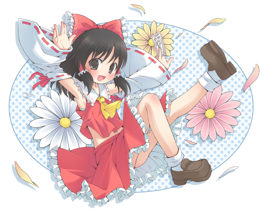 armpits, ascot, bad_id, bow, brown_eyes, brown_hair, detached_sleeves, flower