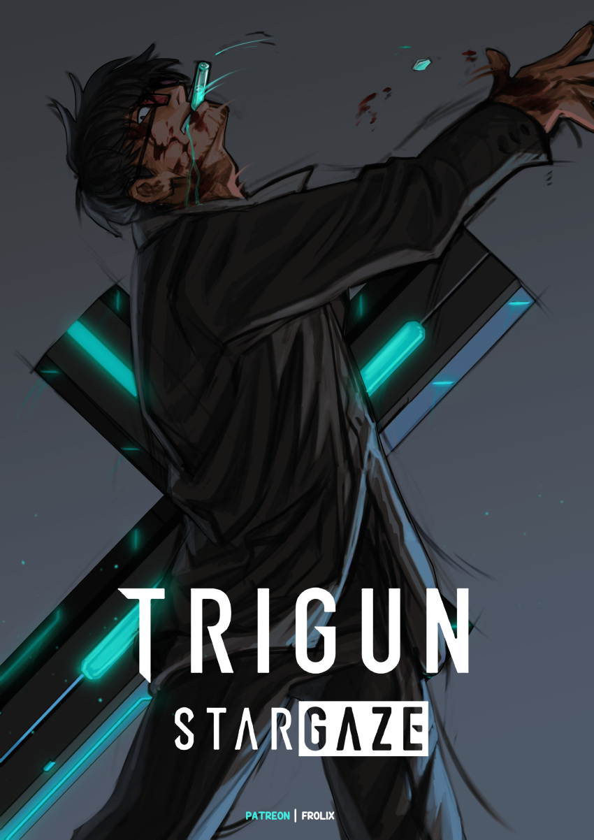 1boy, absurdres, arm_up, black_eyes, black_hair, black_jacket, black_pants, blood, blood_on_face, blood_on_hands, copyright_name, cross_punisher, drinking, grey_background, gttslver, hashtag-only_commentary, highres, jacket, long_sleeves, looking_at_viewer, male_focus, mouth_hold, nicholas_d._wolfwood, pants, profile, solo, sunglasses, teeth, trigun, trigun_stargaze, vial
