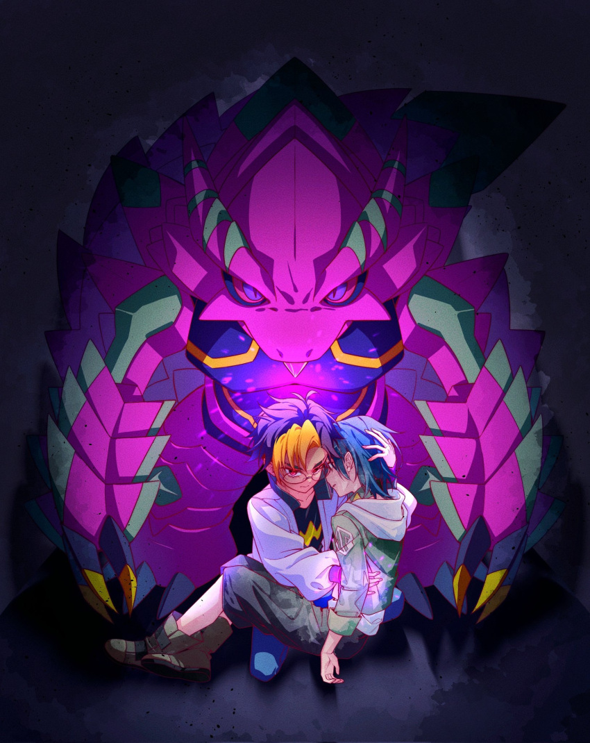 2boys, armalizamon, black_shirt, blonde_hair, blue_hair, digimon, digimon_beatbreak, glowing