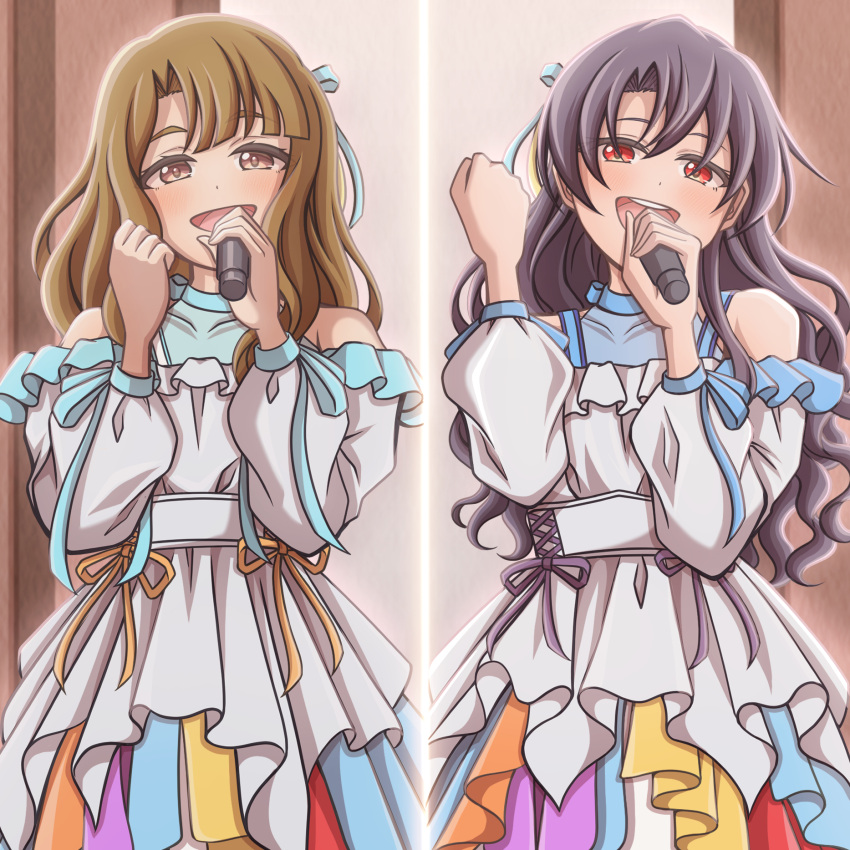 2girls, :d, bare_shoulders, black_hair, blue_ribbon, brown_eyes, brown_hair, collarbone, commentary_request, cowboy_shot, curtained_hair, dress, frilled_dress, frills, ganbarai, hair_ribbon, highres, holding, holding_microphone, idolmaster, idolmaster_million_live!, long_hair, looking_at_viewer, microphone, miyao_miya, multiple_girls, music, off-shoulder_dress, off_shoulder, open_mouth, red_eyes, ribbon, singing, smile, takayama_sayoko, wavy_hair, white_dress