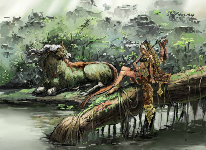 creature, kureta_(nikogori), nikogori-mattyaduke, original, river, scenery, sitting, staff