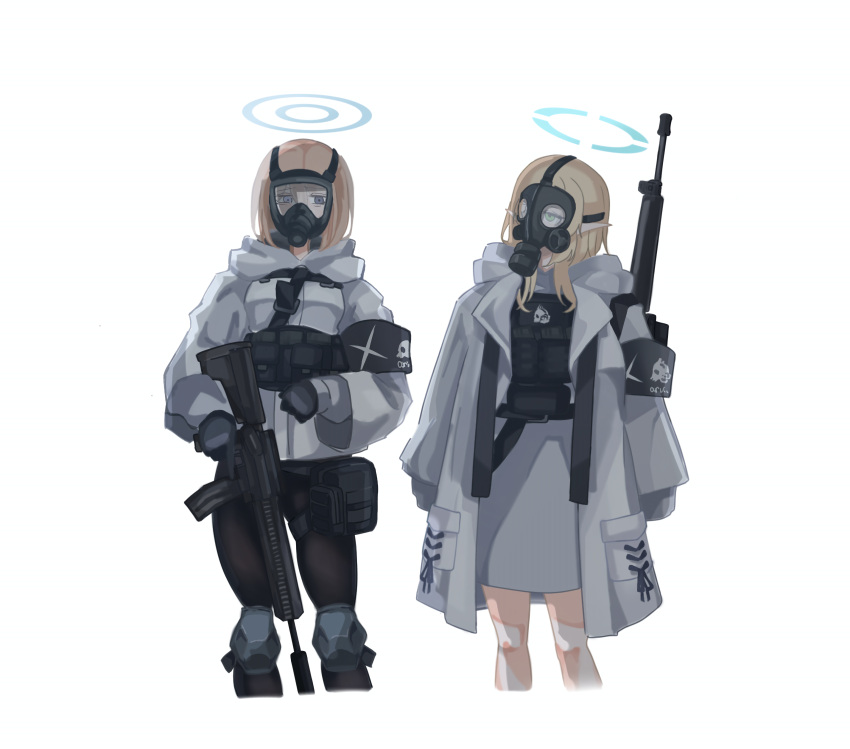 2girls, absurdres, arius_branch_school_logo, arius_student_(blue_archive), bare_legs, blonde_hair, blue_archive, bulletproof_vest, commentary_request, gas_mask, highres, mask, multiple_girls, oadooo72196, school_uniform, short_hair, tactical_clothes, weapon