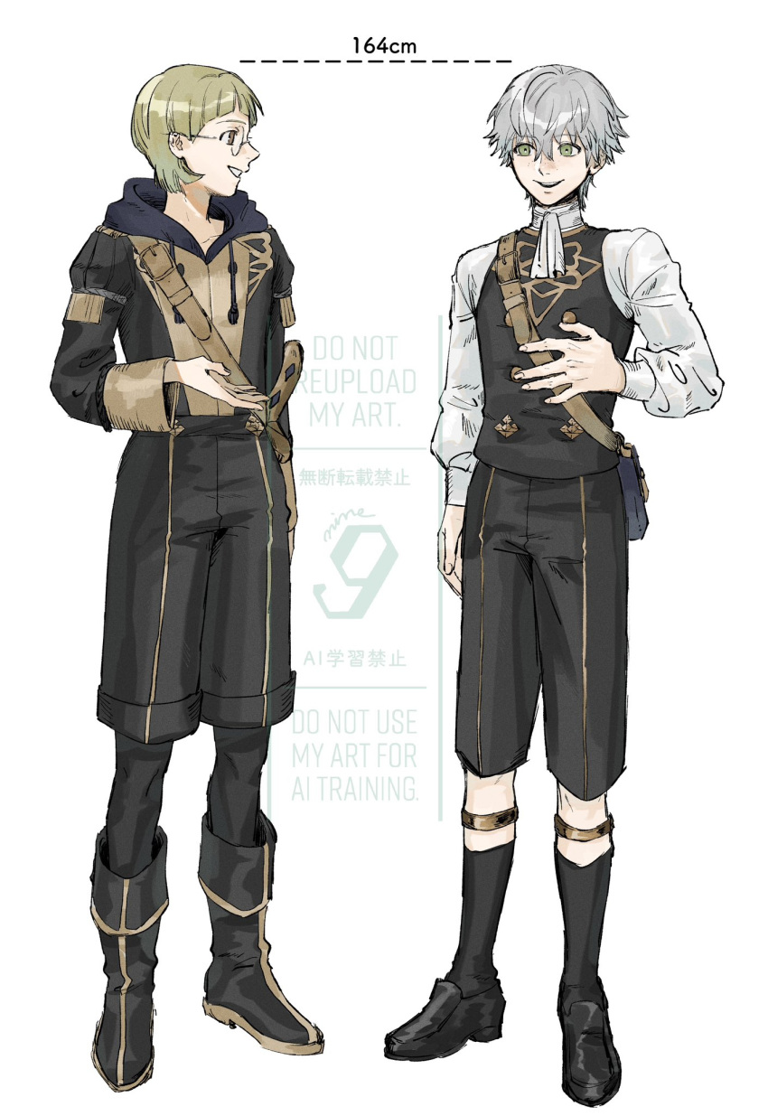 2boys, arched_bangs, ashe_ubert, black_boots, black_shorts, black_socks, black_thighhighs, boots